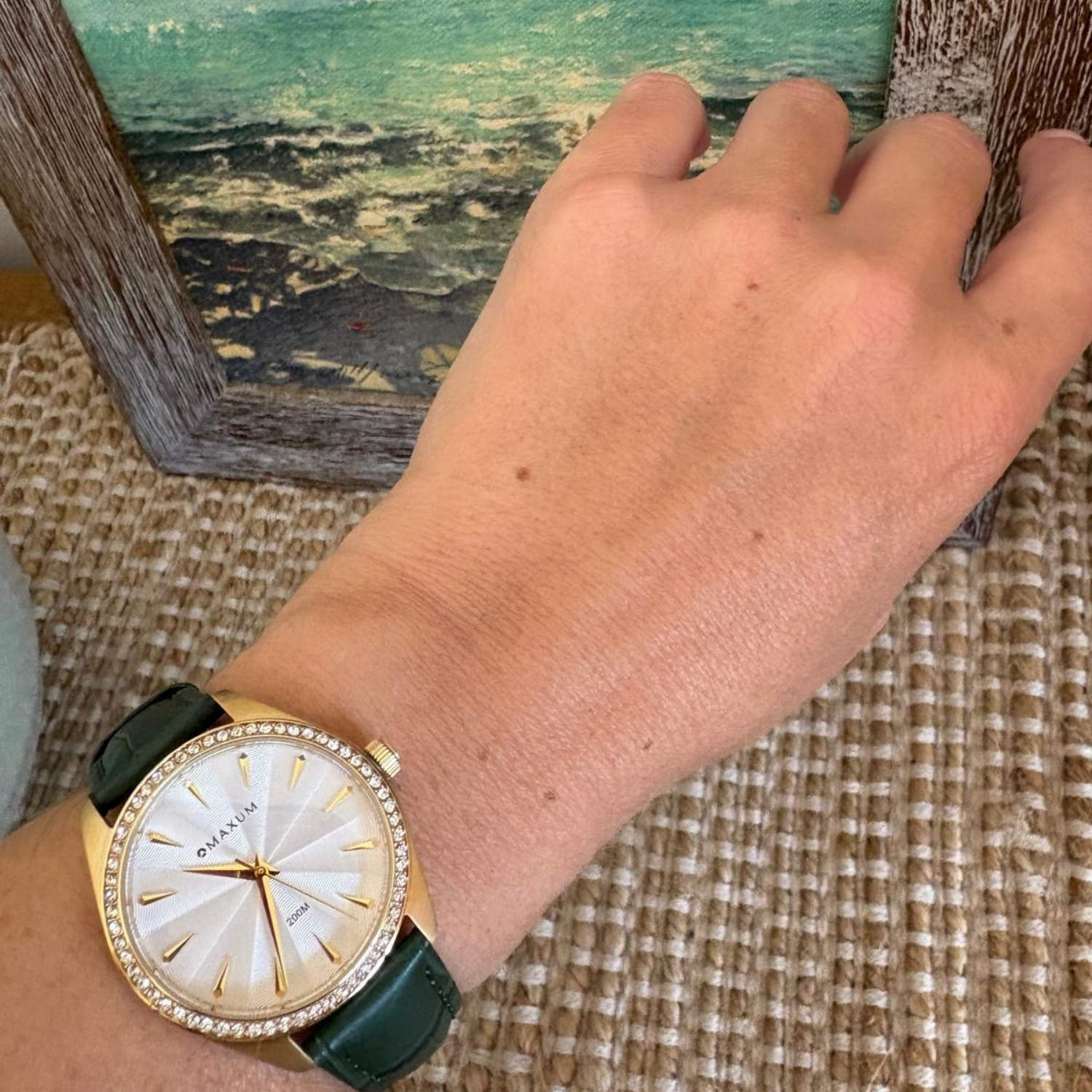 Sydney Crystal-Embellished Analogue Watch –White Dial, Gold Tone Case & Green Leather Band