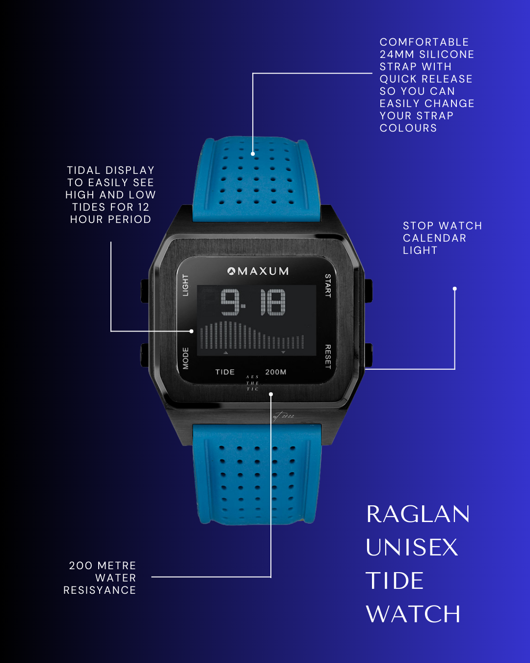 Raglan Digital Square Unisex Tide Watch – Black Case, Black Dial & Blue Silicone Strap