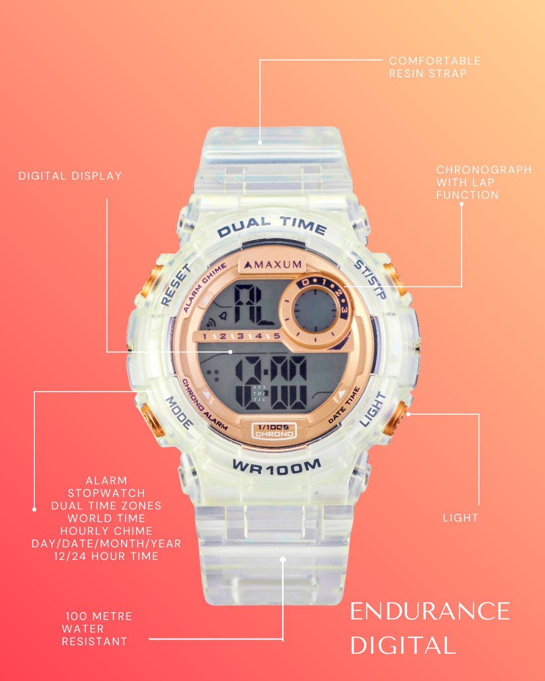 Maxum Endurance digital watch with a clear band and case, featuring a rose gold and white digital display, and buttons for various functions.with features highlighted on a peach background