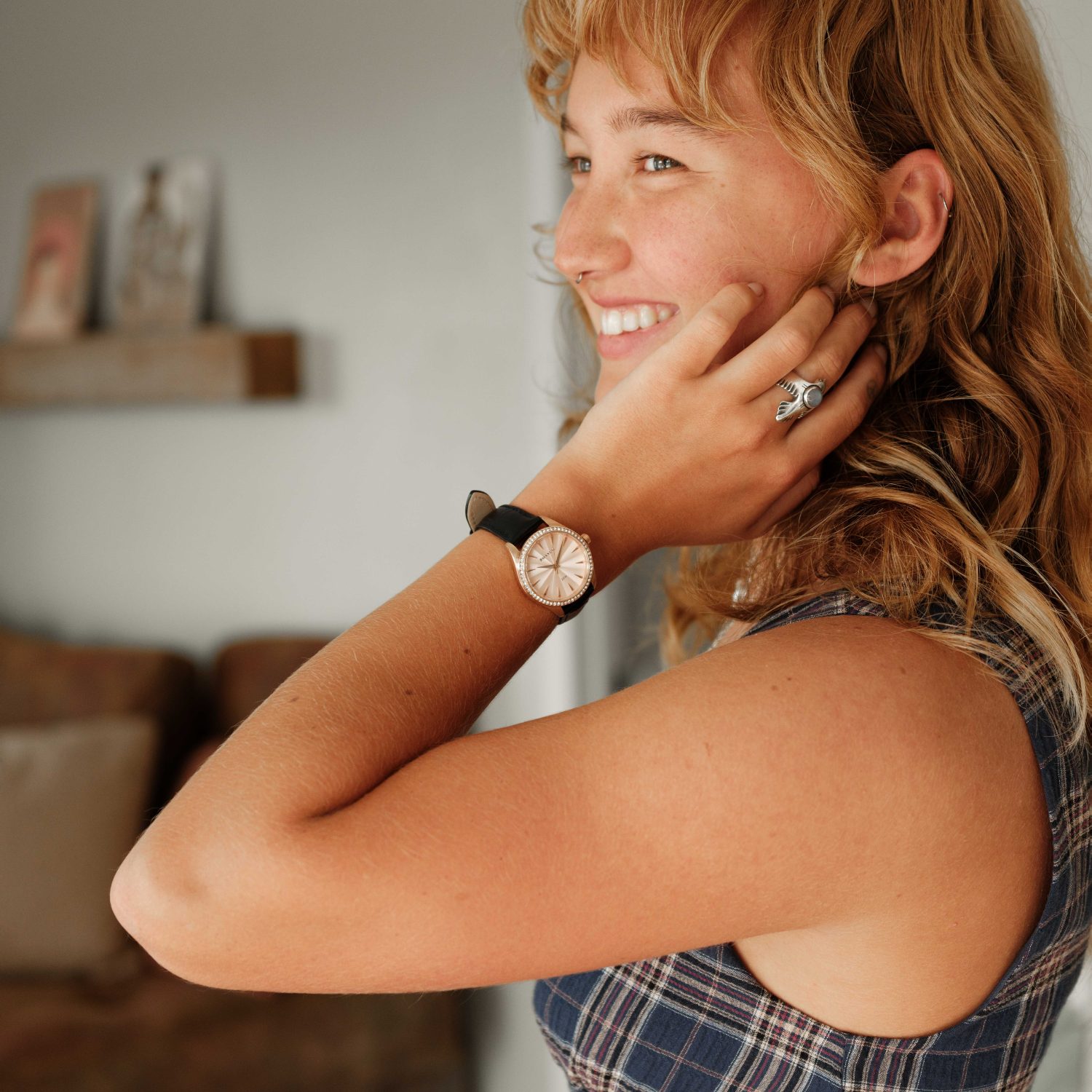 Sydney Crystal-Embellished Analogue Watch – Rose Gold Tone Dial, Rose Gold Tone Case & Black Leather Band