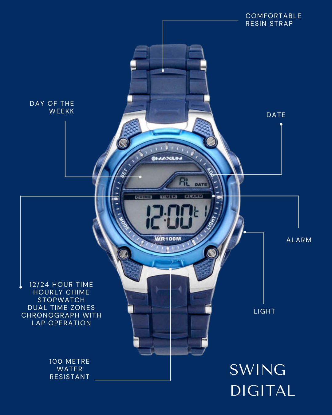 Maxum Swing blue digital wristwatch with a resin strap and buckle closure with text call outs featuring various watch functions.