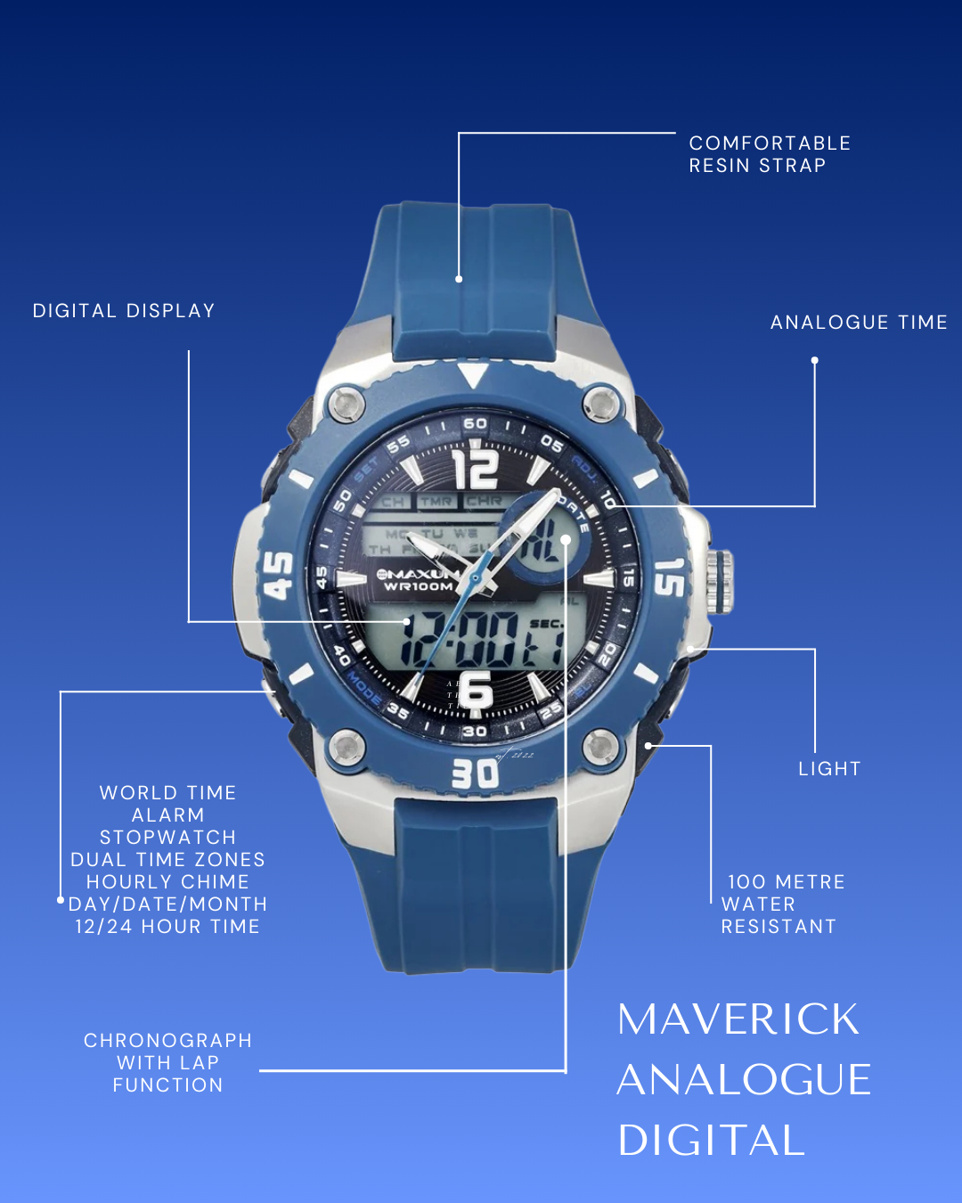 Maxum Maverick Blue Analogue Digital Watch with a silver and blue-tone case, a digital display, and a blue resin strap.on a blue background, featuring text labels.