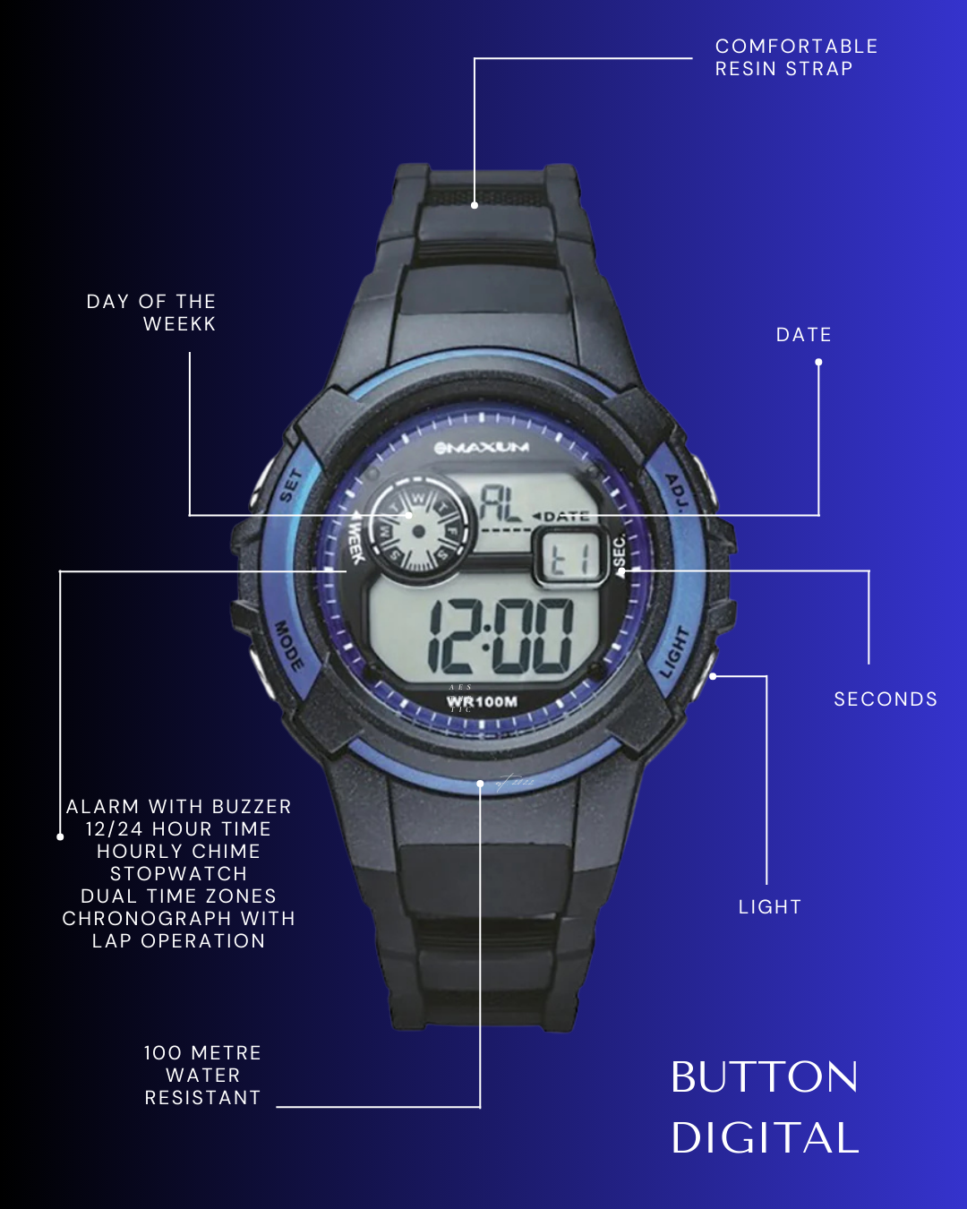 Maxum Button digital watch with a black resin strap and black case, featuring blue accents and a digital display with features highlighted on a blue background