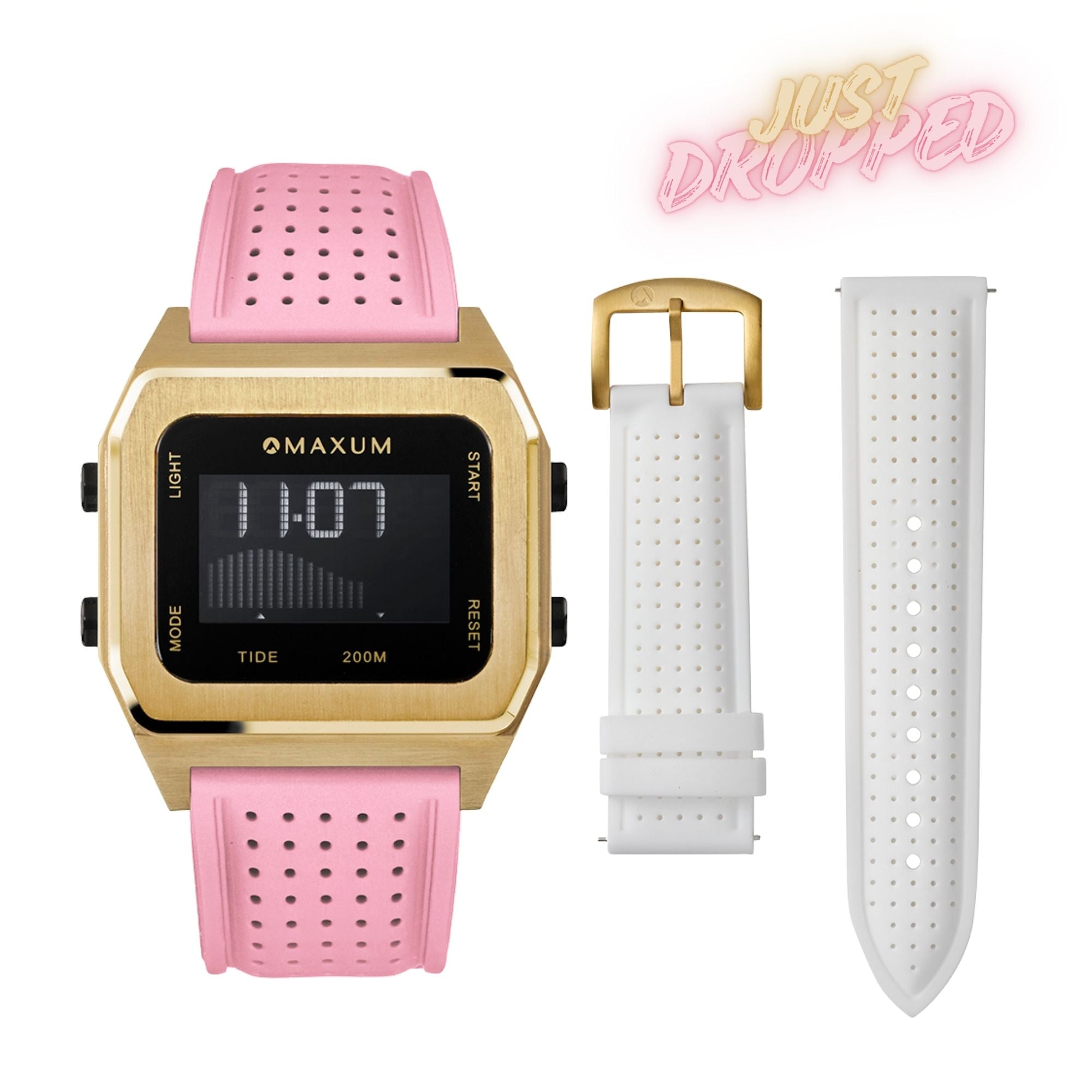 Raglan Digital Tide Watch Set – Gold Case White & Pink Silicone Strap