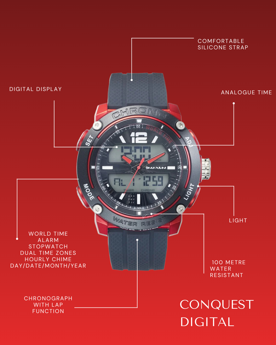 Conquest Black and Red Analogue Digital Watch