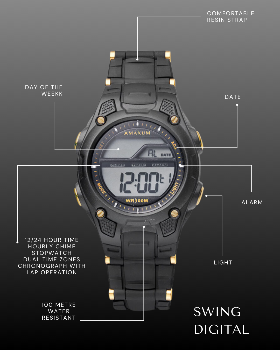watch with a resin strap and buckle closure. The watch has a digital display with gold-coloured accents on the casing with features highlighted on a grey background