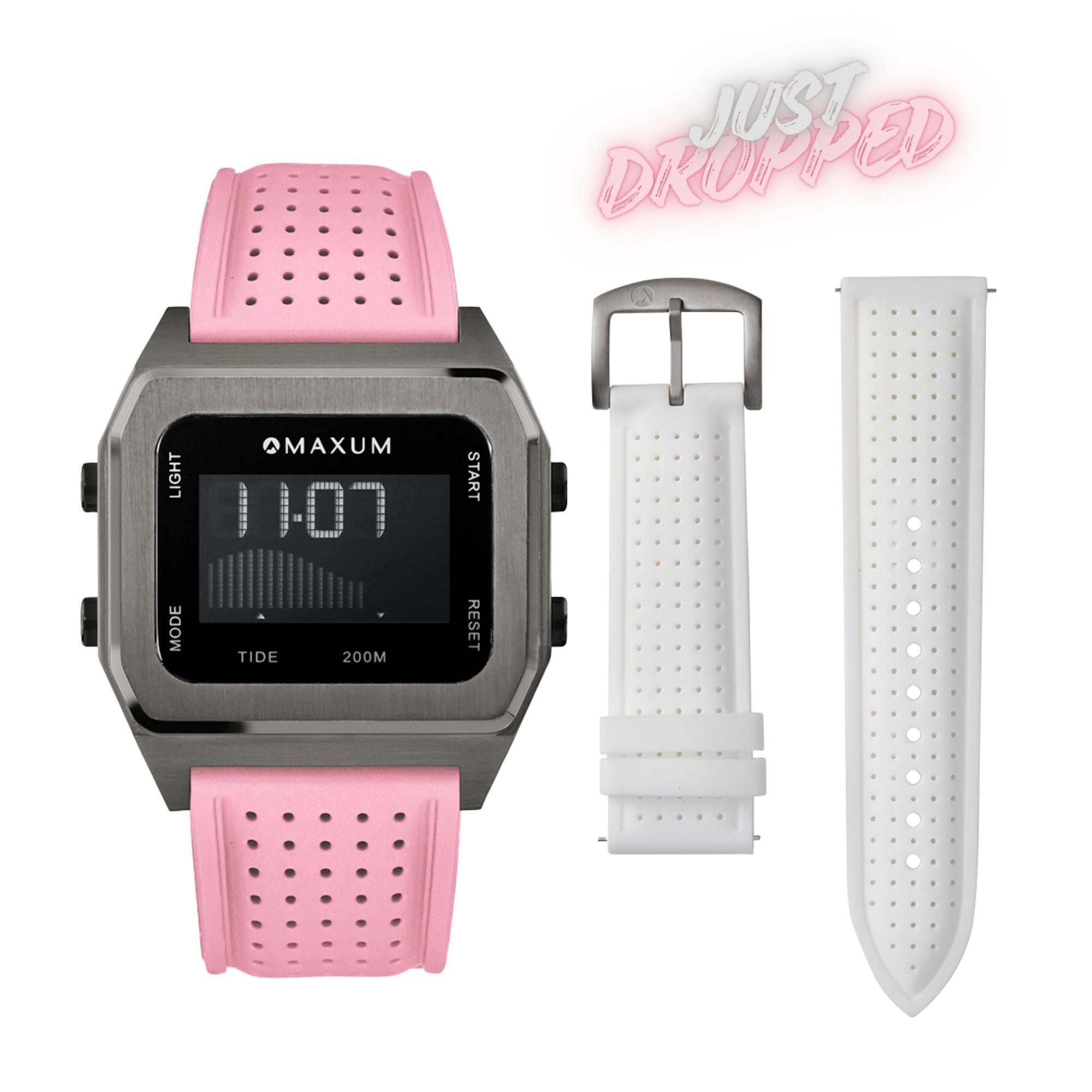 Raglan Digital Tide Watch Set – Gun Metal Case, White & Pink Silicone Strap