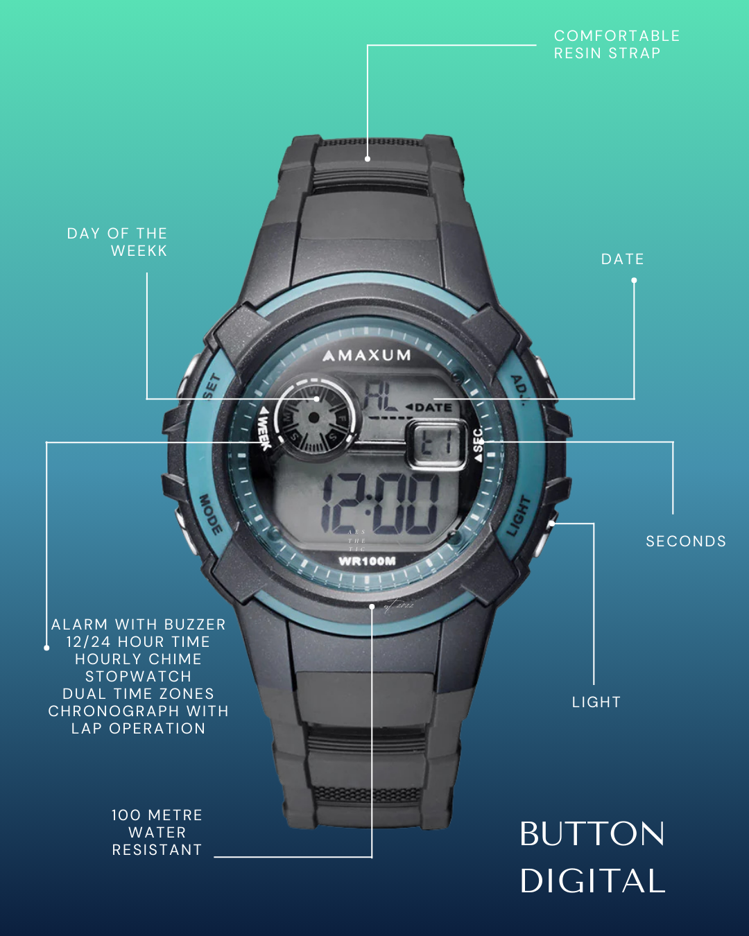 Maxum Button digital watch with a black resin strap and black case, featuring blue accents and a digital display.with text call out features