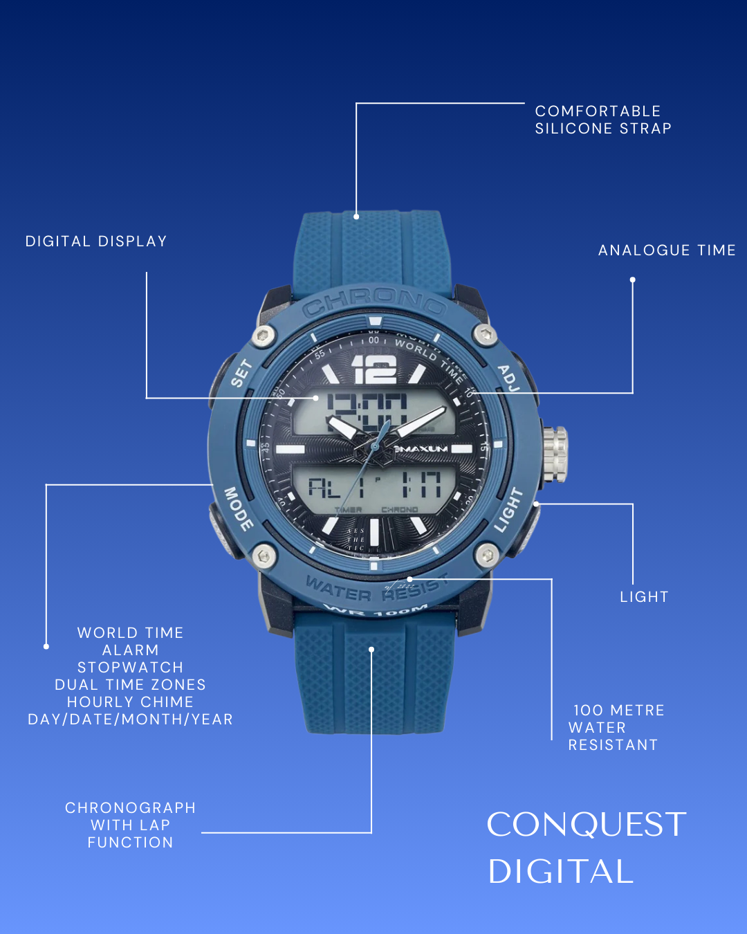 Conquest Blue Analogue Digital Watch