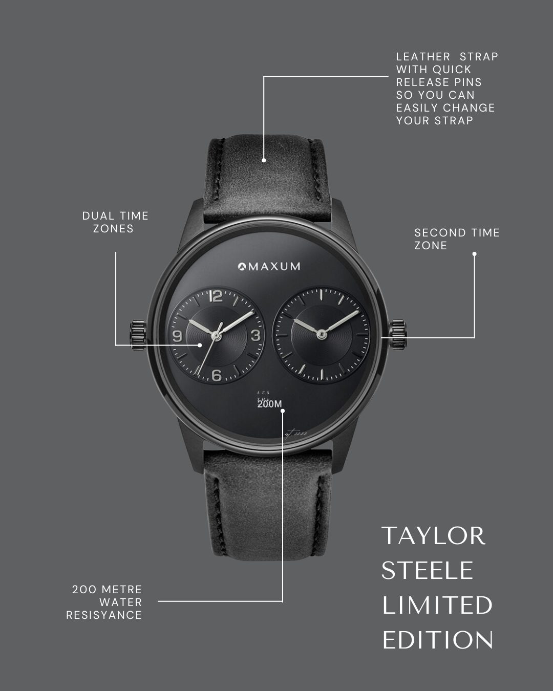 Taylor Steele Analogue Dual Time Zones – Black Dial, Black Case & Black Leather Band Watch