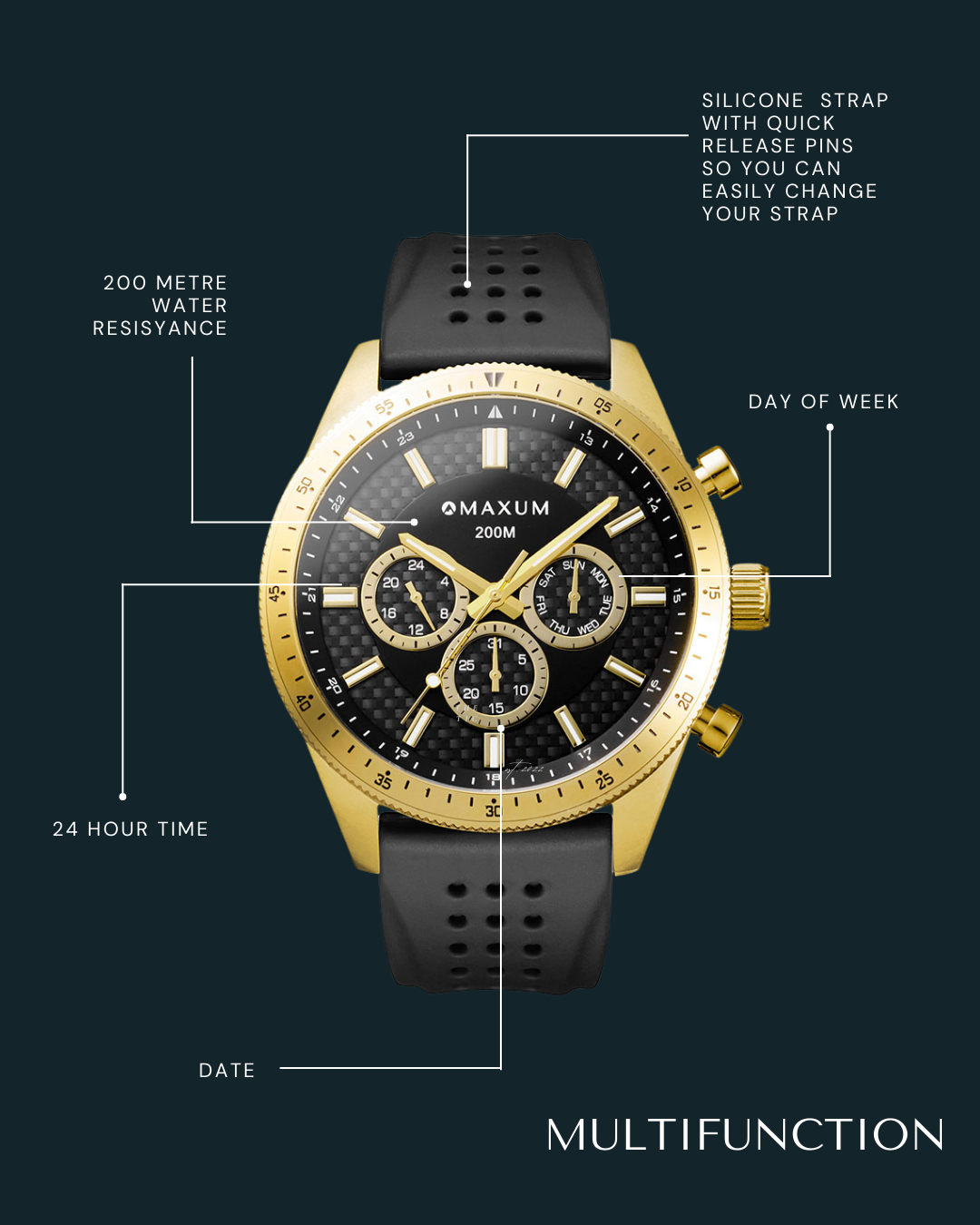 Lansdowne Multifunction Analogue Watch – Gold Case, Black Dial & Black Silicone Strap