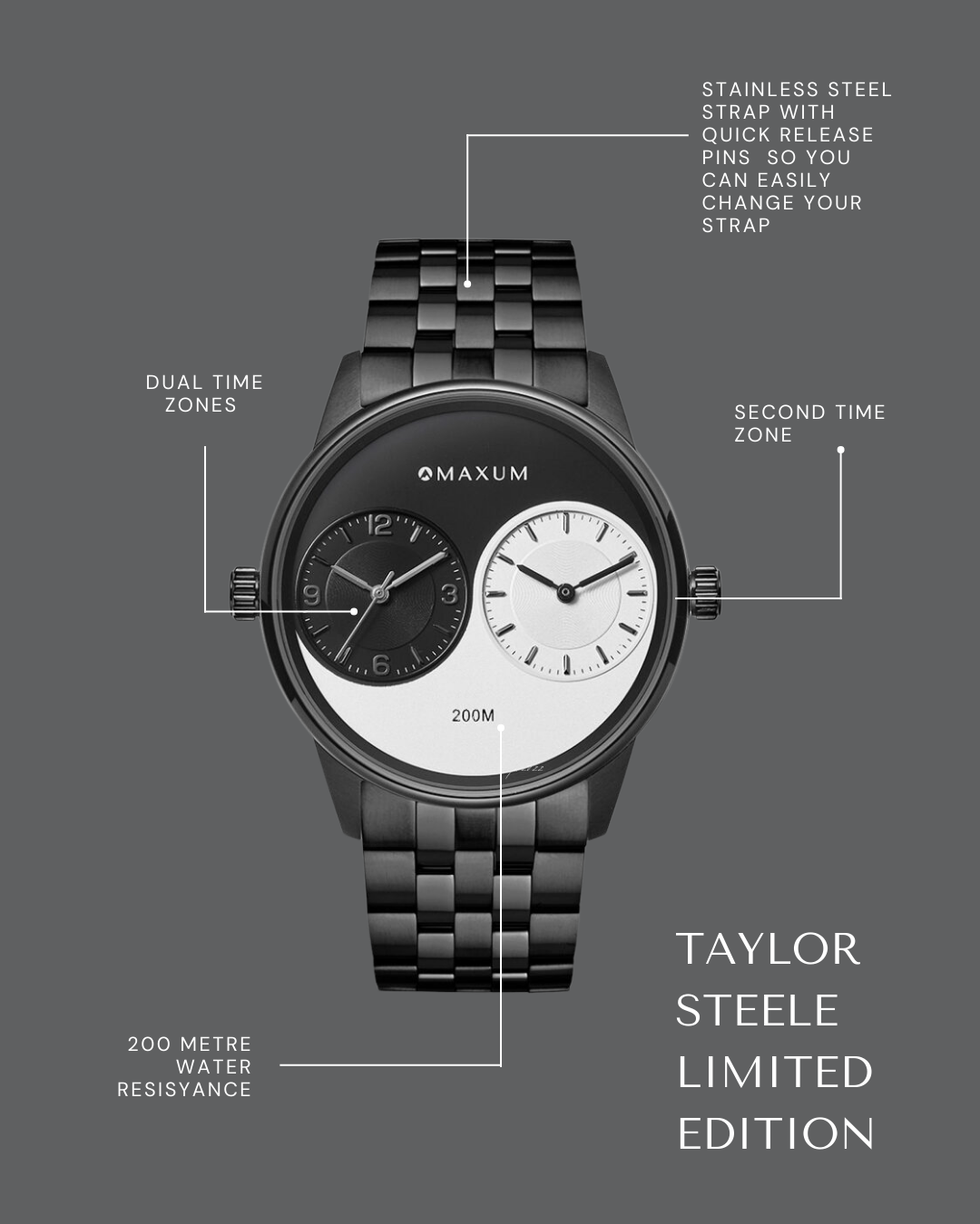 Maxum x Taylor Steele Collab analogue watch with a black stainless steel bracelet, black case, and a matte black dial featuring ying yang design with features highlighted on a grey background