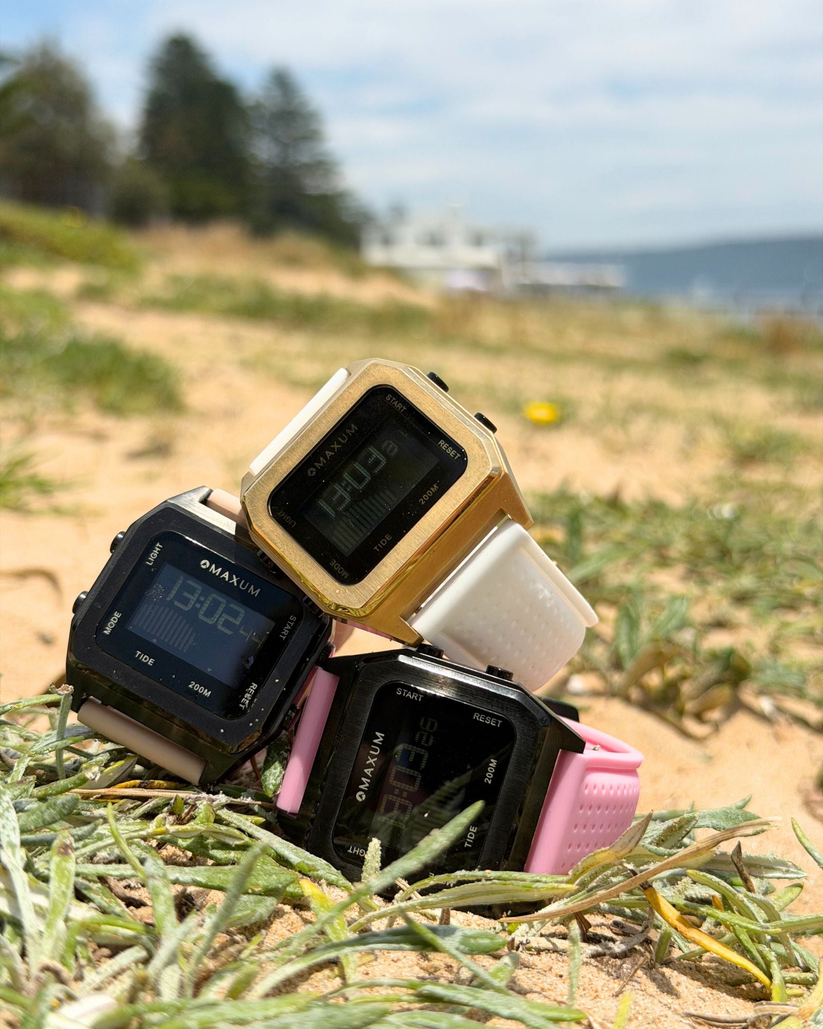 Raglan Digital Square Unisex Tide Watch– Gold Case, Black Dial & Beige Silicone Strap