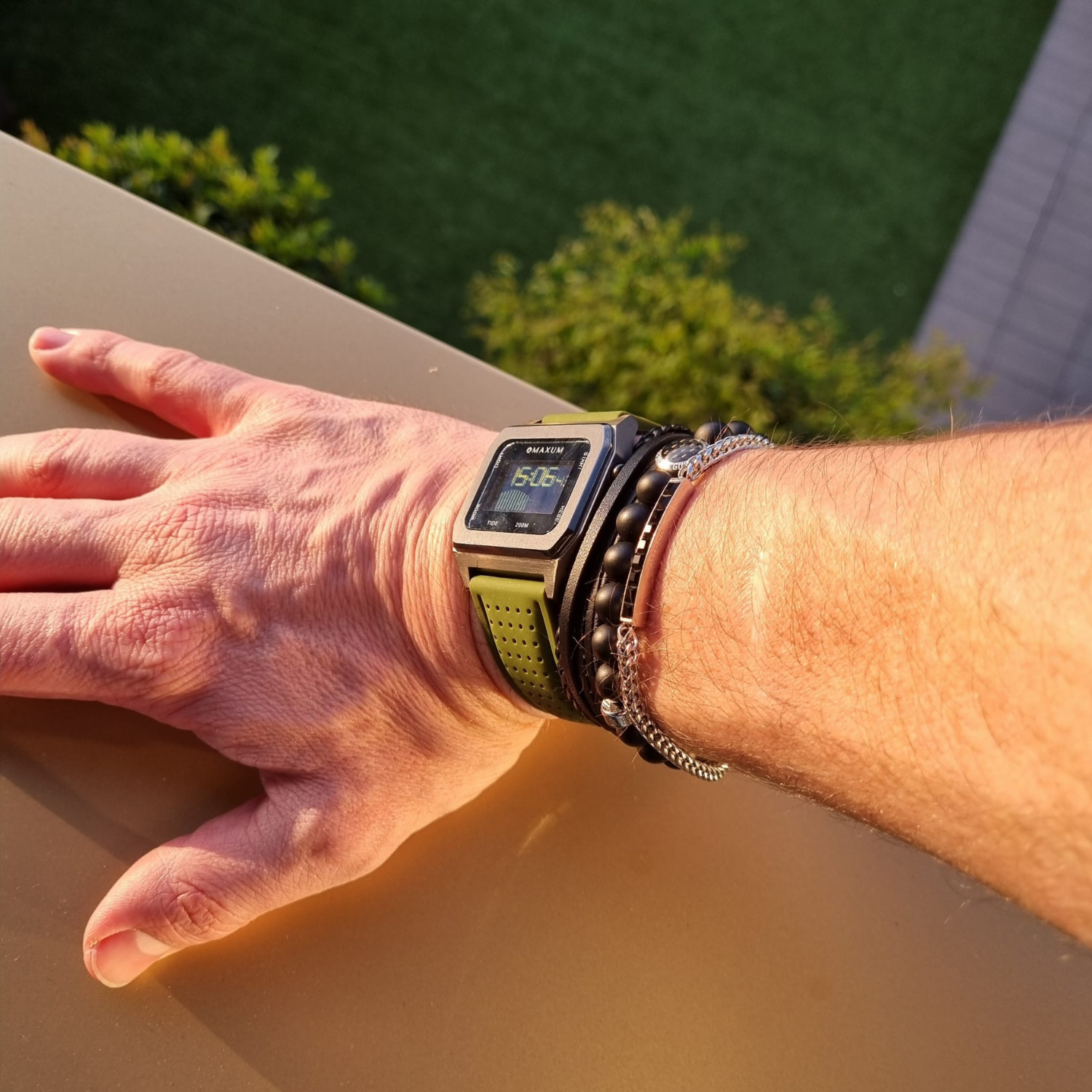 Raglan Digital Square Unisex Tide Watch– Gun Metal Case, Black Dial & Green Silicone Strap