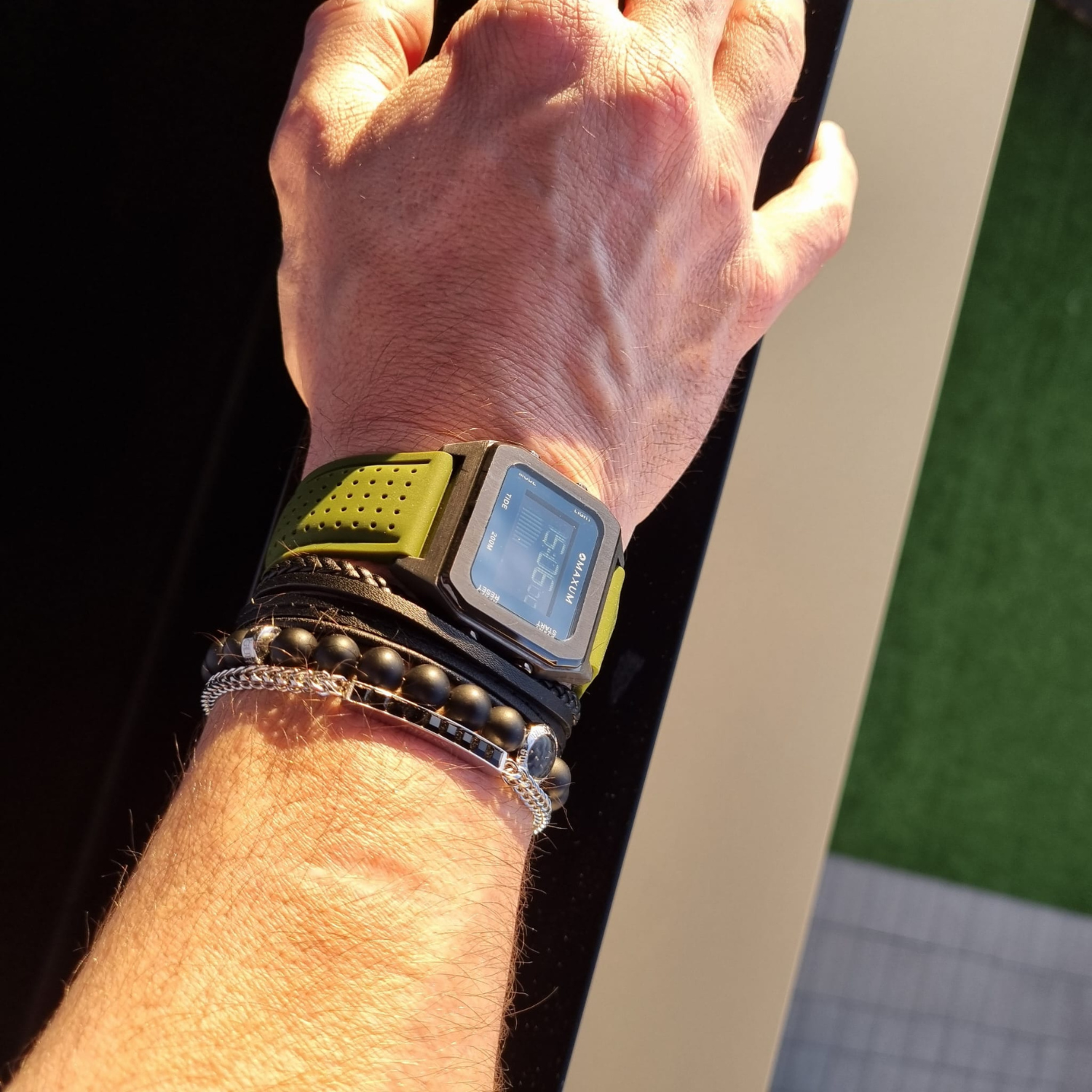 Raglan Digital Square Dial Tide Watch– Gun Metal Case, Black Dial & Green Silicone Strap