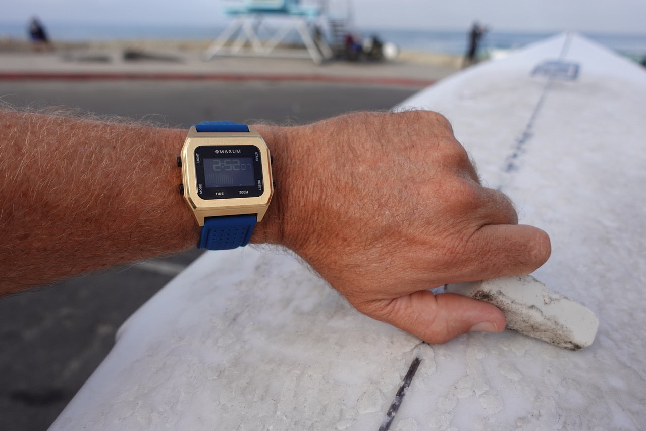 Raglan Digital Square Unisex Tide Watch– Gold Case, Black Dial & Blue Silicone Strap