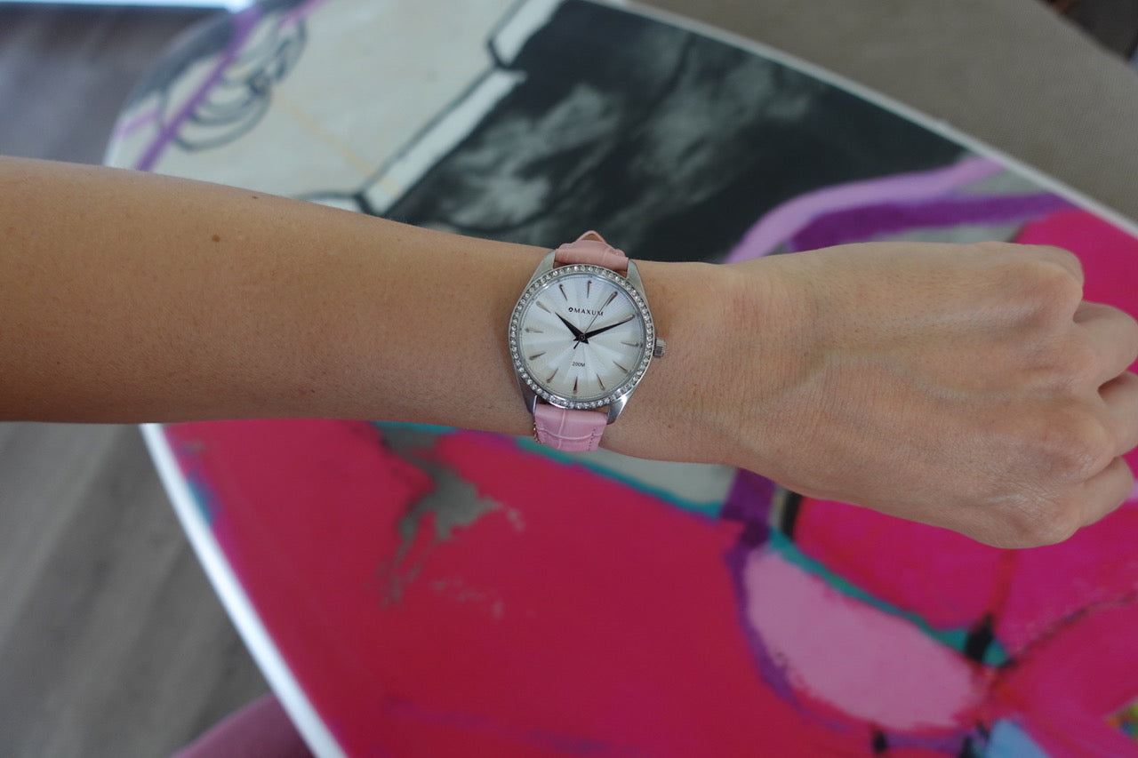Sydney Crystal-Embellished Analogue Watch –White Dial, Silver Tone Case & Blush Leather Band