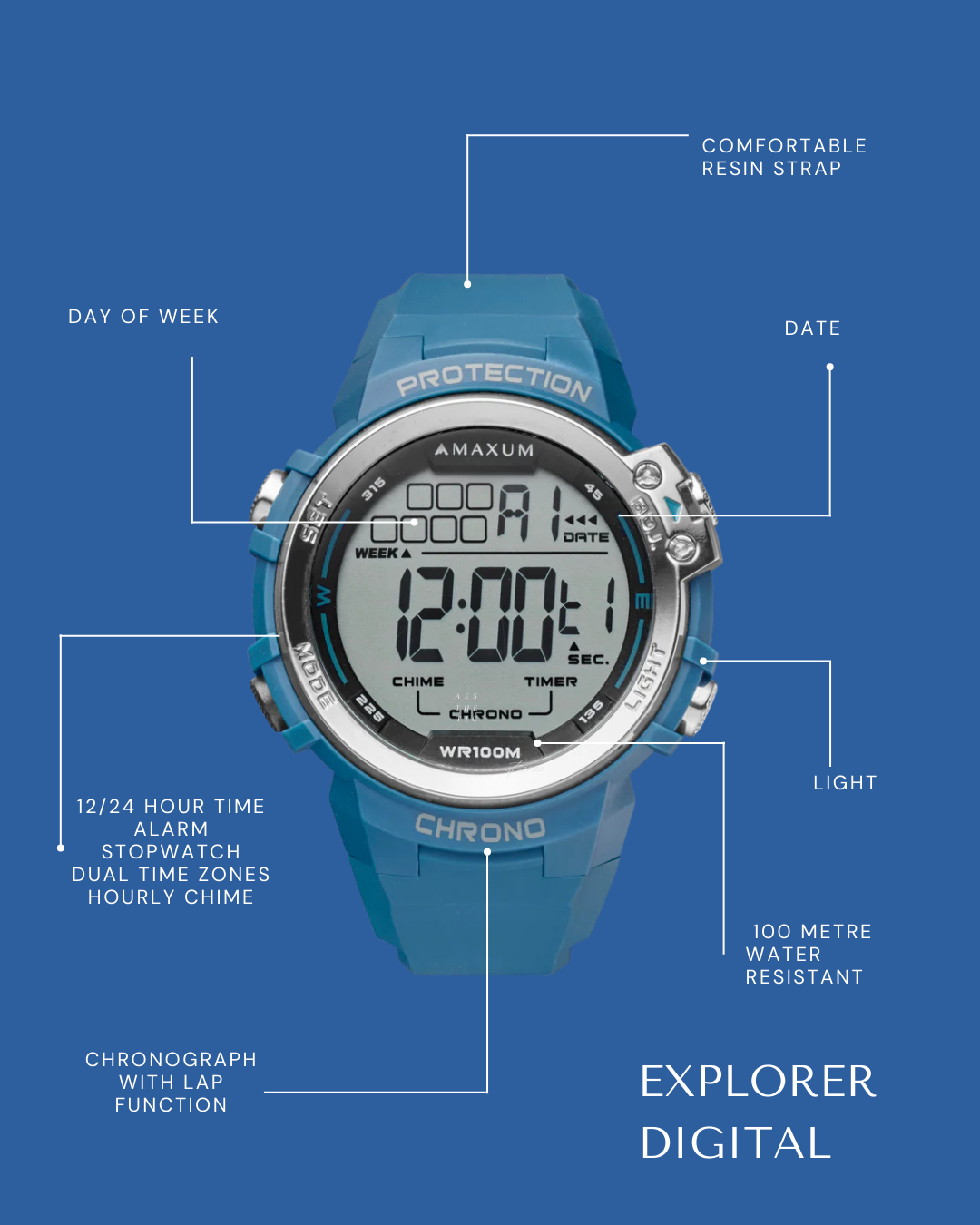 Maxum Explorer Blue Digital Watch with a blue resin strap, featuring a digital display with silver accent watch with features labeled on a blue background