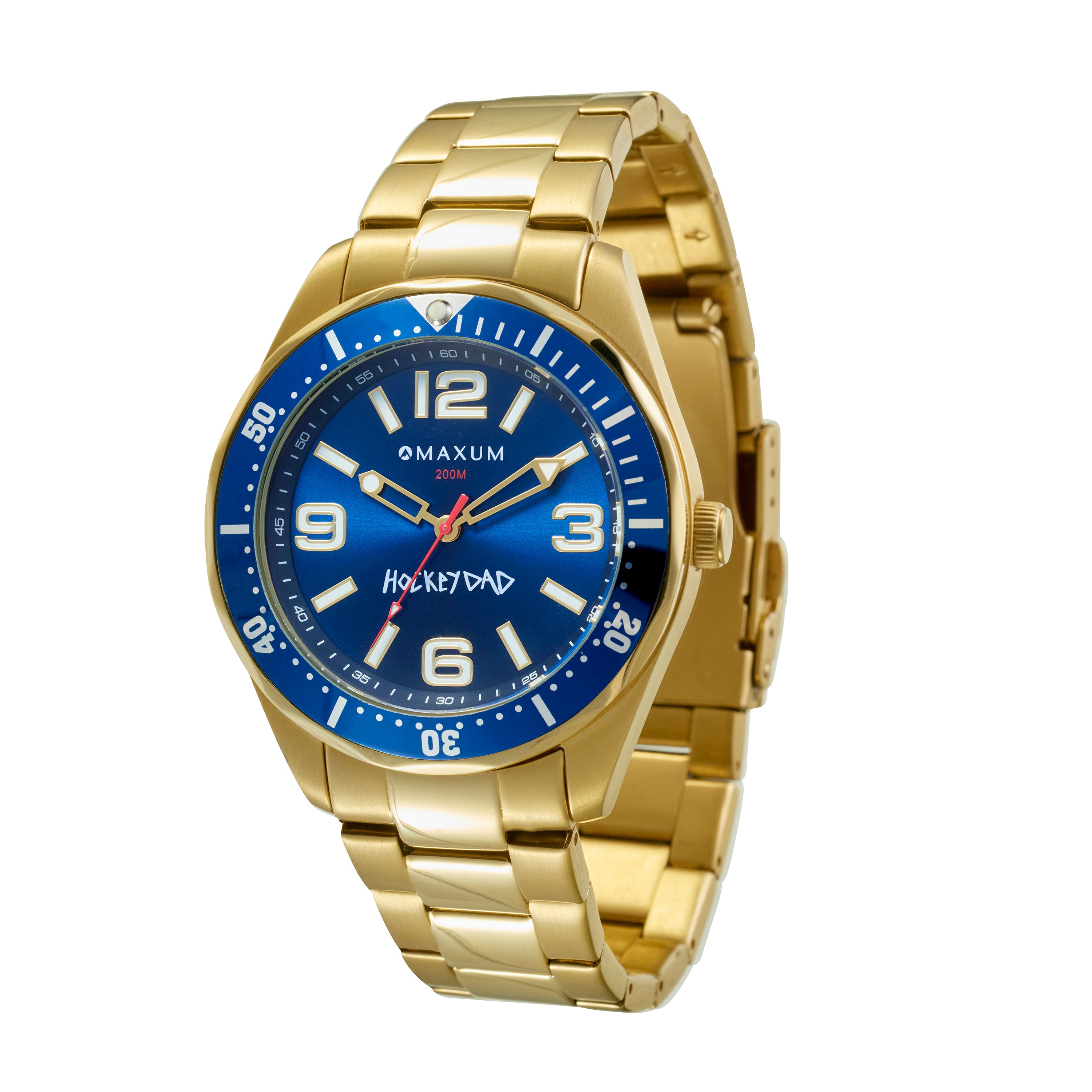 Maxum Hockey Dad Limited Edition Blue Watch. A gold stainless steel bracelet watch with a blue dial and gold casing, branded with 'HOCKEY DAD' and 'MAXUM'.