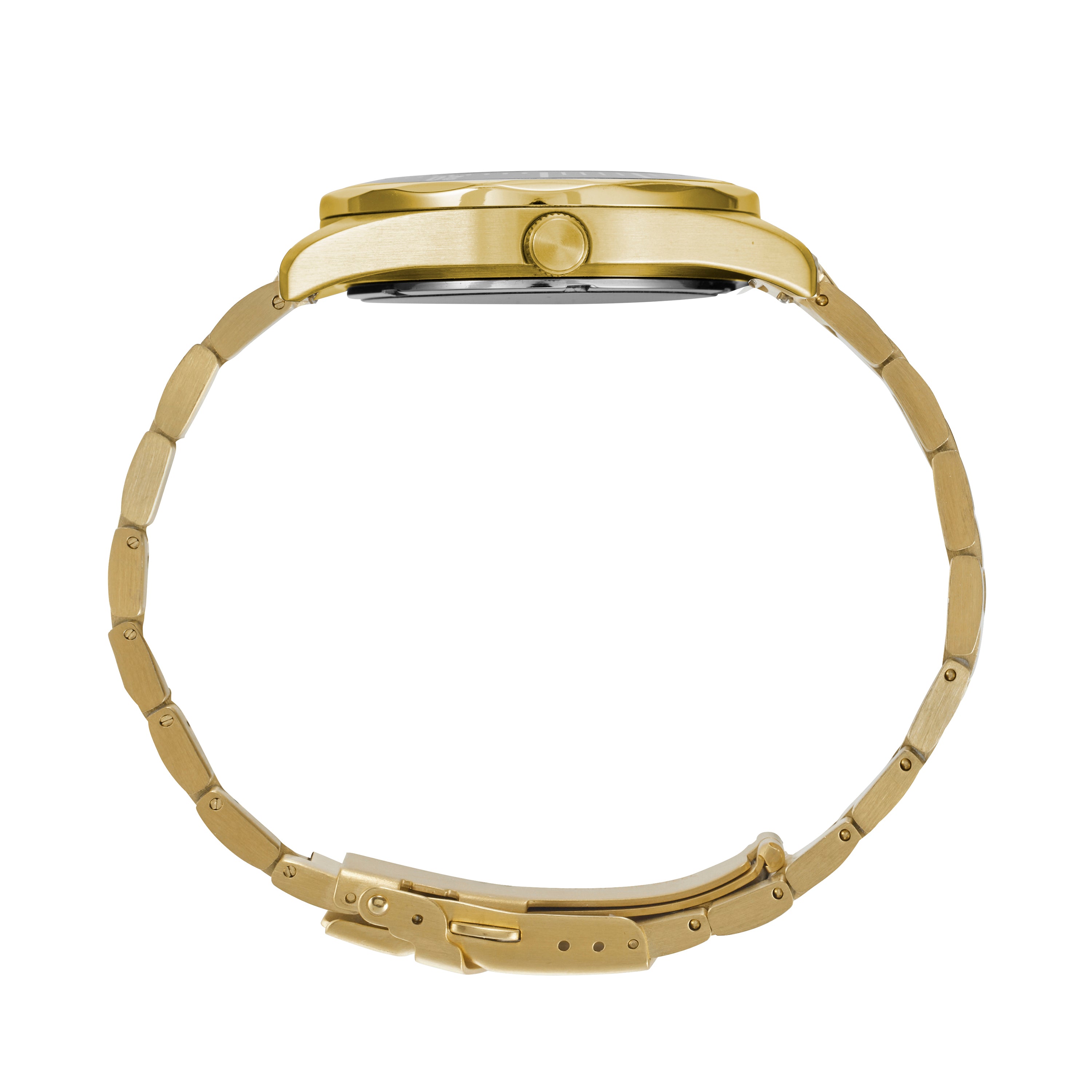 Maxum Hockey Dad Limited Edition Blue Watch. A gold stainless steel bracelet watch with a blue dial and gold casing, branded with 'HOCKEY DAD' and 'MAXUM'. Side view