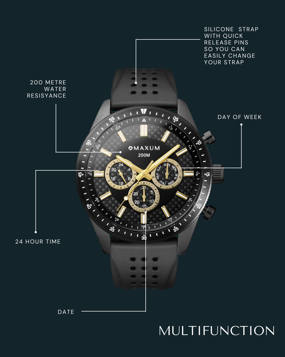 Lansdowne Multifunction Analogue Watch – Black Case, Black Dial & Black Silicone Strap