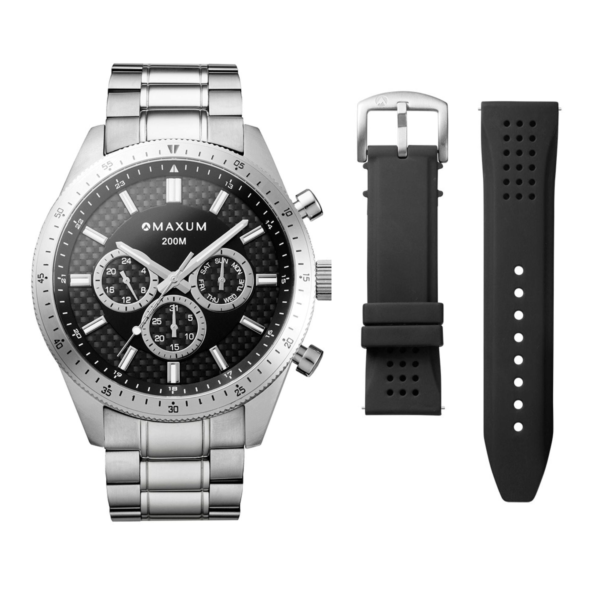 Lansdowne Silver Set - Includes Silver Multifunction Analogue Watch and Black Silicone Strap