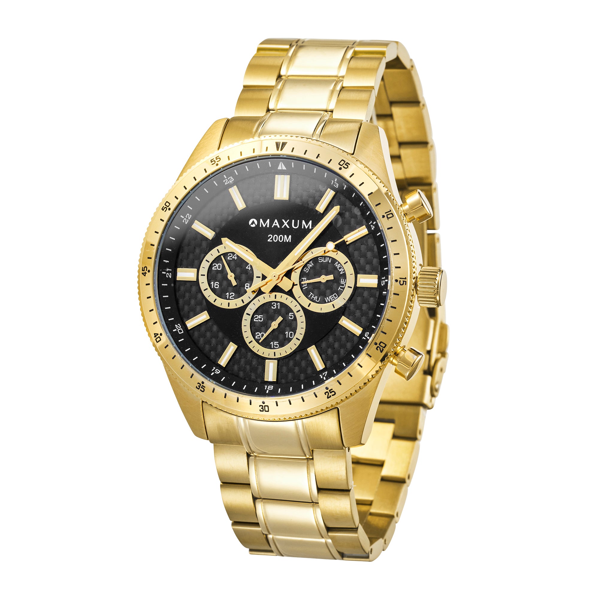 Lansdowne Multifunction Analogue Watch– Gold Case, Black Dial & Gold Bracelet