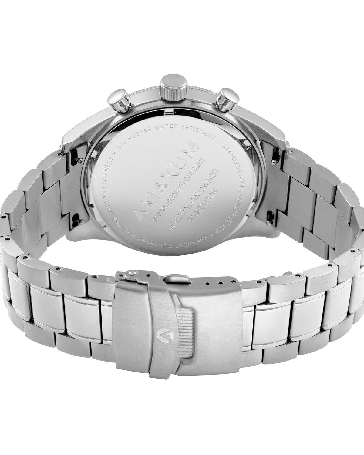 The back view of an Maxum stainless steel watch with a matching metal link bracelet, featuring engraved details and a clasp closure on a white background.
