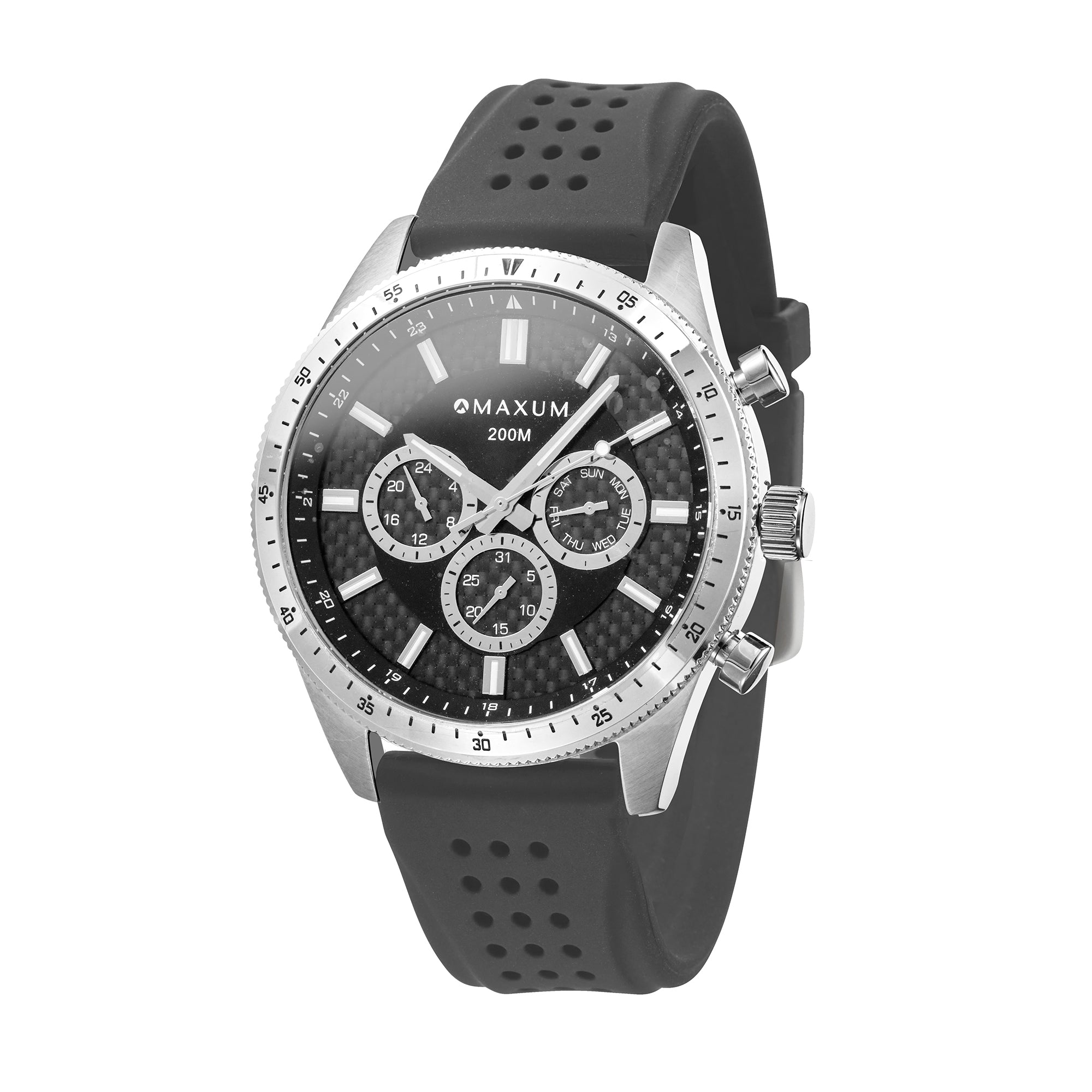 Lansdowne Multifunction Analogue Watch – Silver-Tone Case, Black Dial & Black Silicone Strap