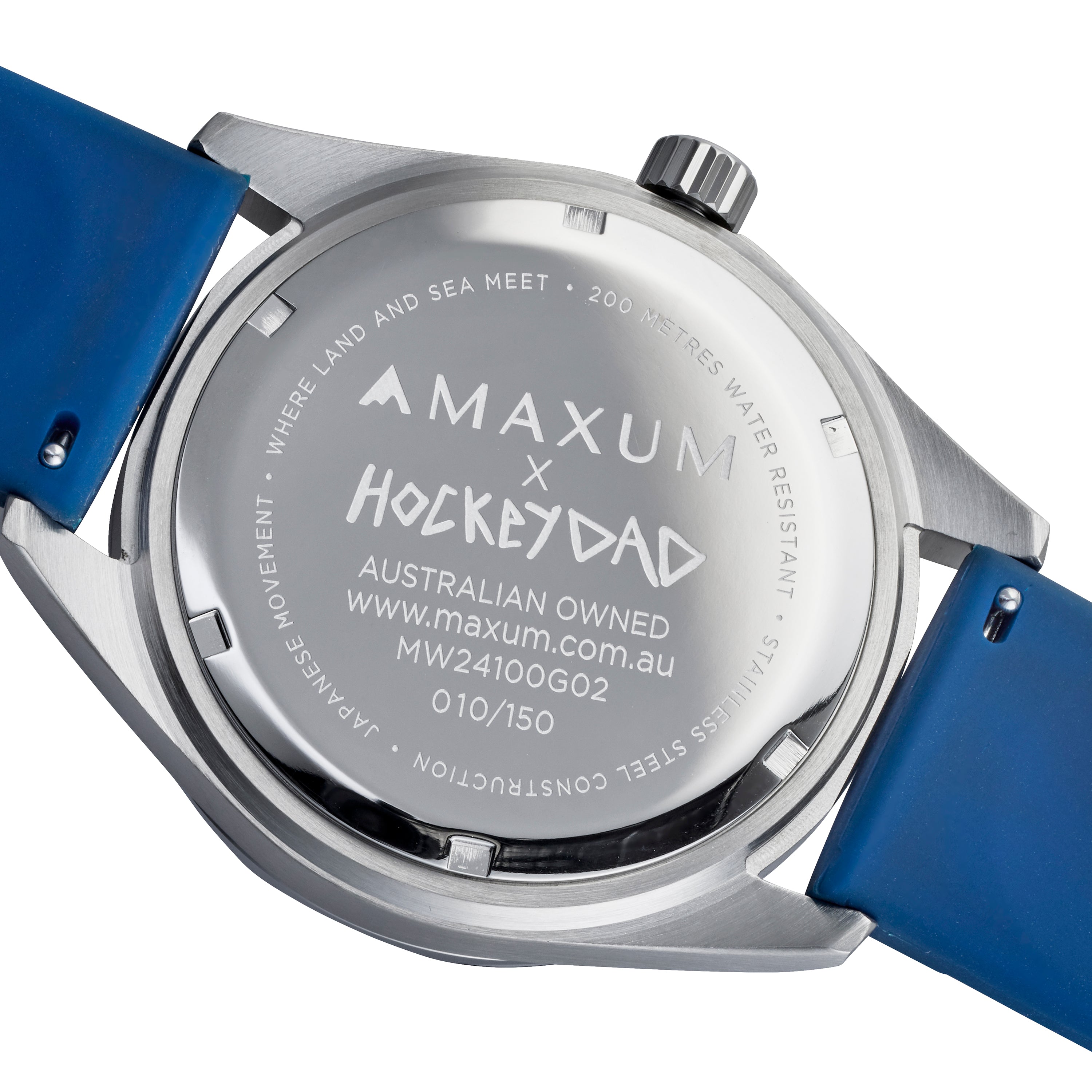 Maxum Base Camp Hockey Dad Limited Edition Blue Watch back of watch engraving