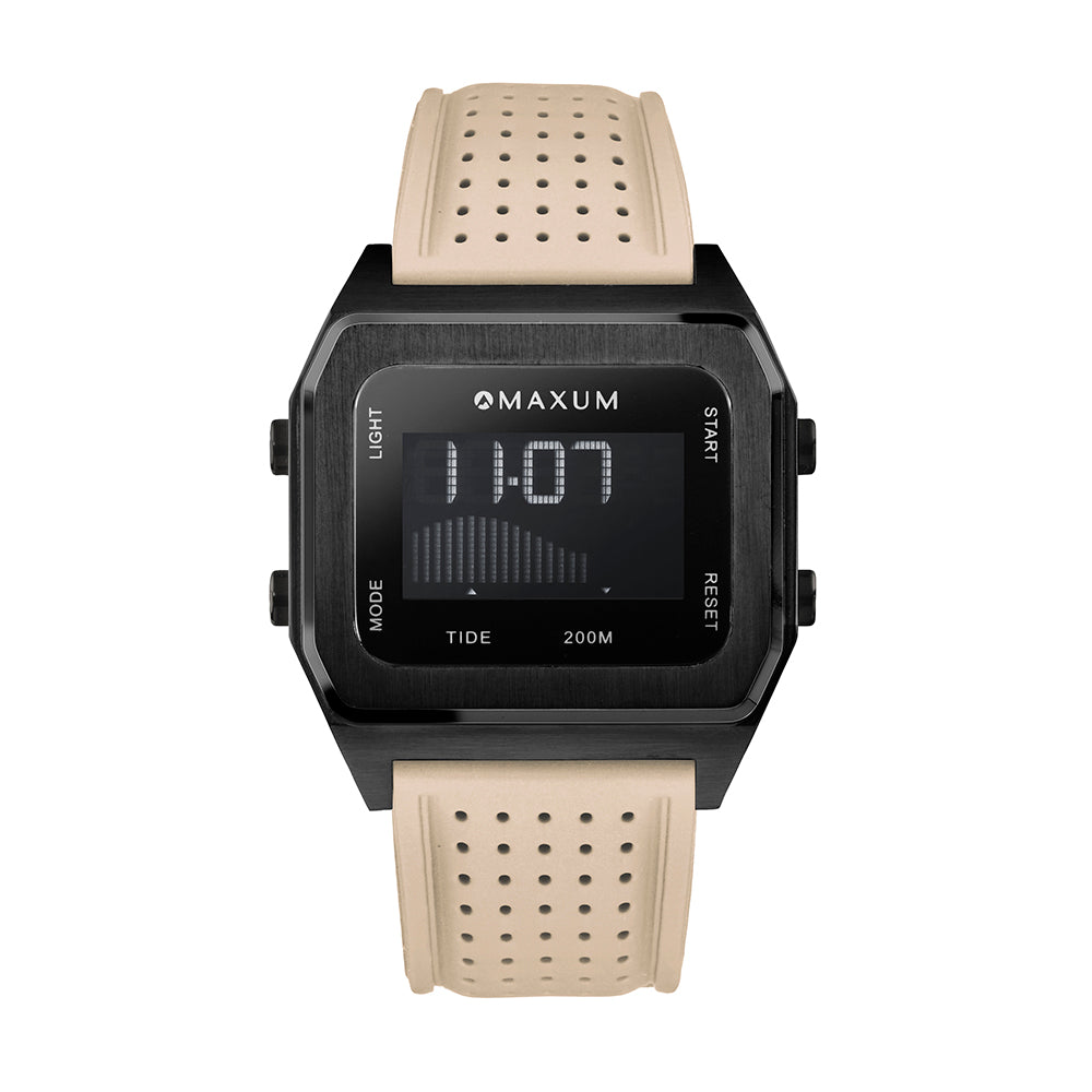 Raglan Digital Square Unisex Tide Watch – Black Case, Black Dial & Beige Silicone Strap