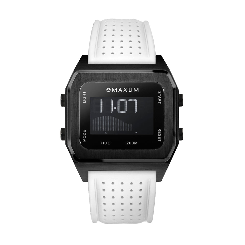 Raglan Digital Square Unisex Tide Watch – Black Case, Black Dial & White Silicone Strap