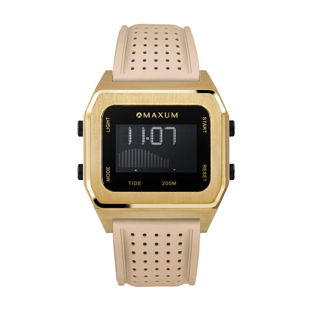 Raglan Digital Square Unisex Tide Watch– Gold Case, Black Dial & Beige Silicone Strap