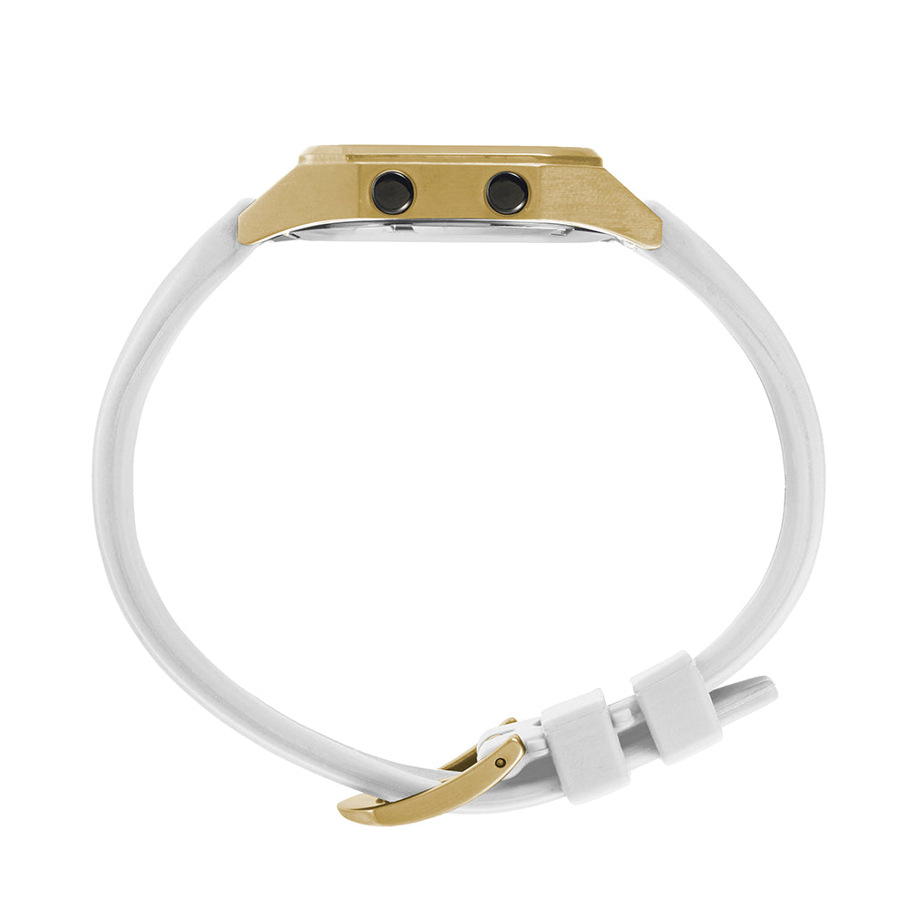 Raglan Digital Square Unisex Tide Watch– Gold Case, Black Dial & White Silicone Strap