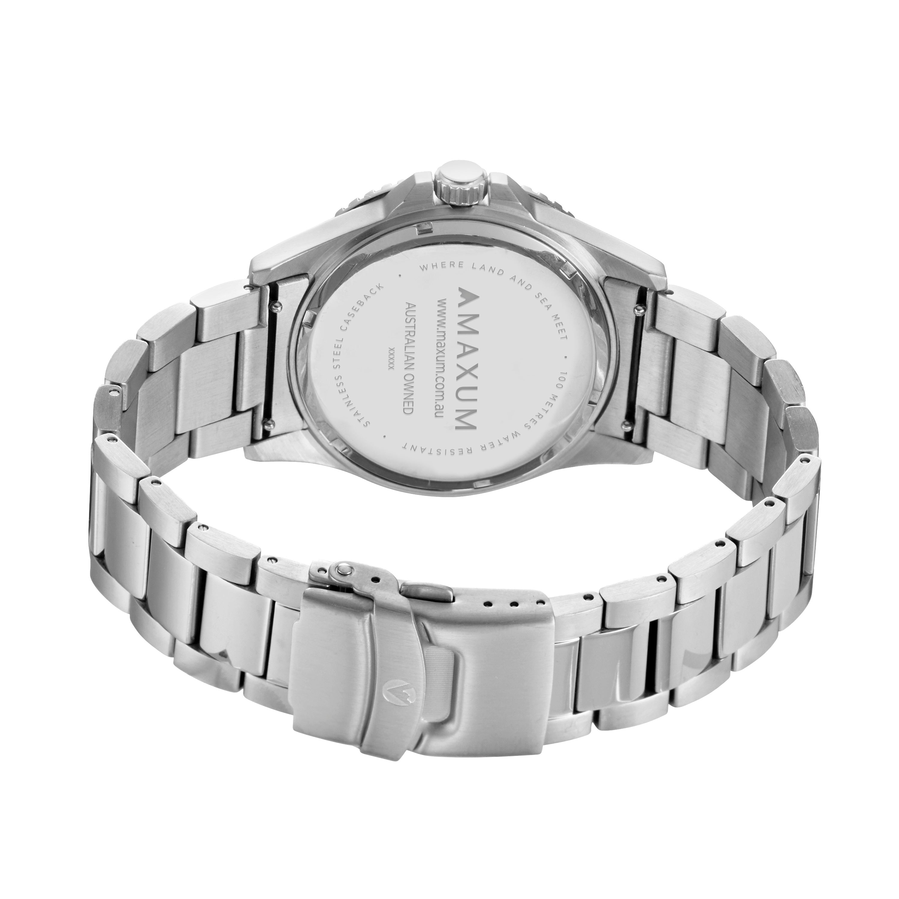 Maxum Prince silver-tone stainless steel bracelet watch with a blue dial, red and blue bezel, and a deployment clasp. Back view