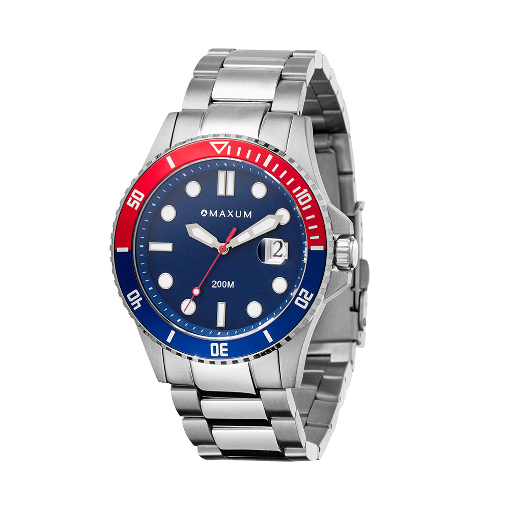 Maxum Prince silver-tone stainless steel bracelet watch with a blue dial, red and blue bezel, and a deployment clasp.
