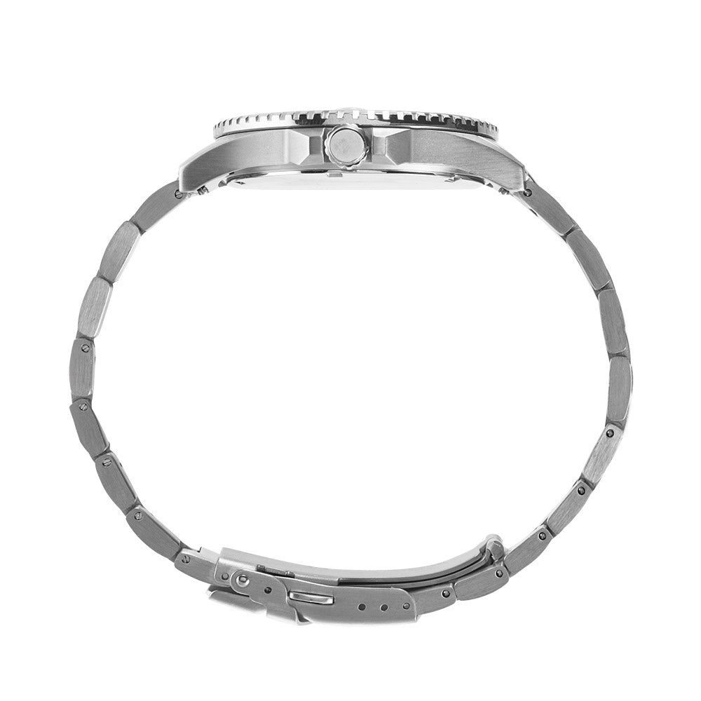 Maxum Prince silver-tone stainless steel bracelet watch with a blue dial, red and blue bezel, and a deployment clasp. Side View