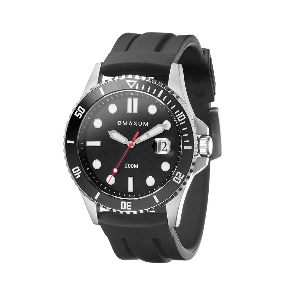 Prince Analogue Date Watch – Silver-Tone Case, Black Dial & Black Silicone Strap