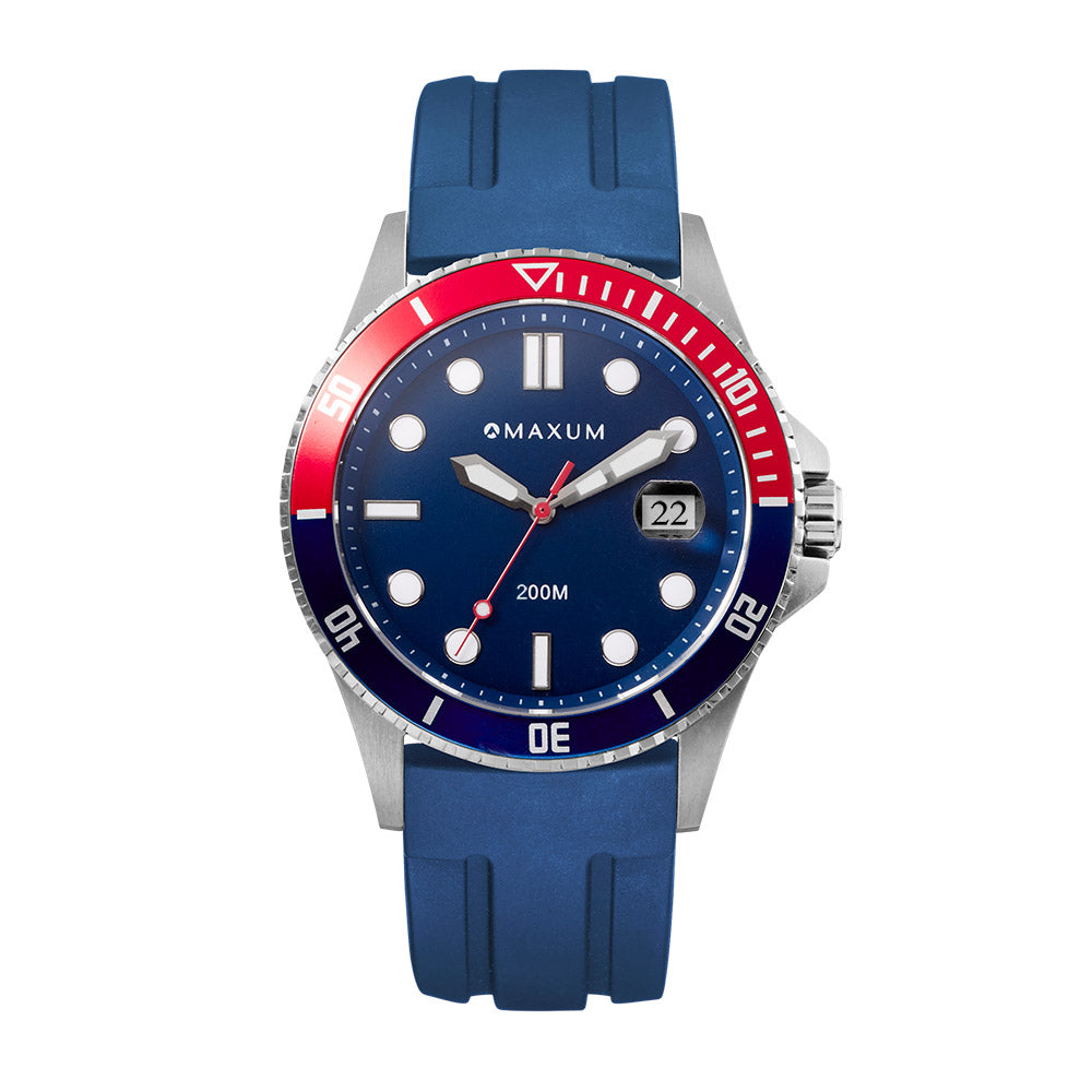 Maxum Prince silver-tone casing watch with a blue dial and blue silicone strap, featuring a red and blue bezel and a date display.