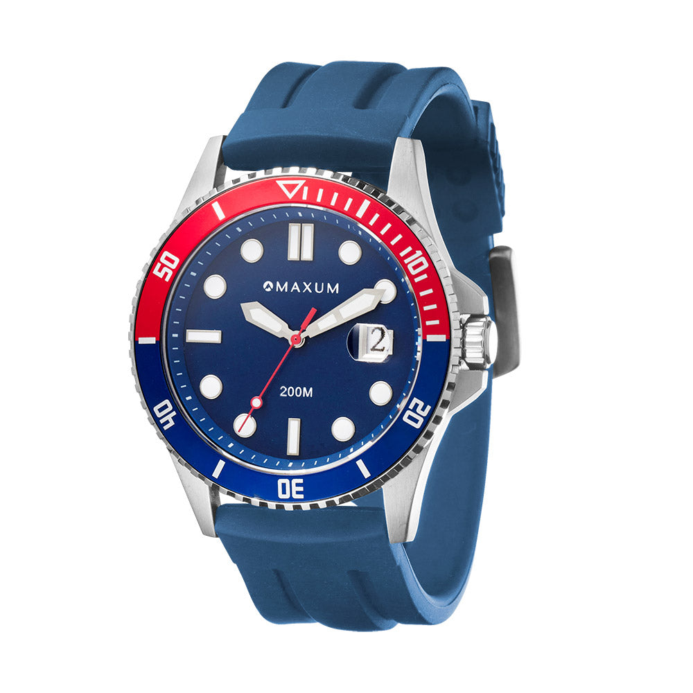 Maxum Prince silver-tone casing watch with a blue dial and blue silicone strap, featuring a red and blue bezel and a date display.