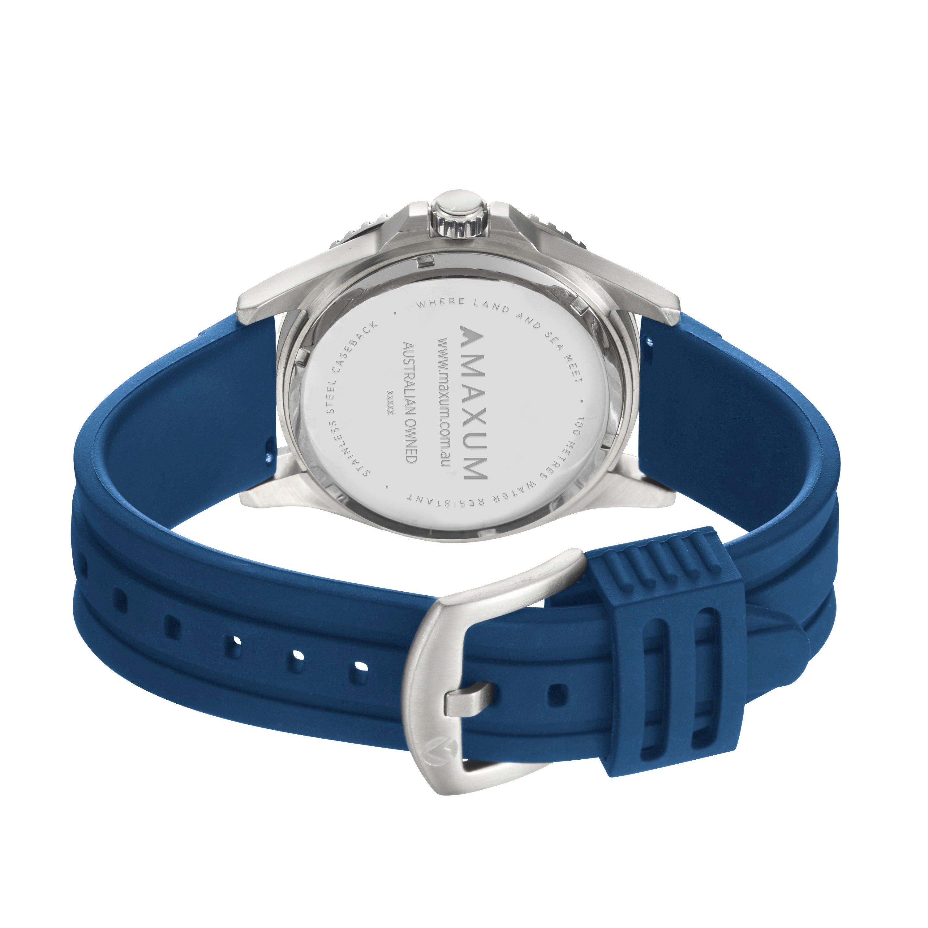 Maxum Prince silver-tone casing watch with a blue dial and blue silicone strap, featuring a red and blue bezel and a date display. Back view