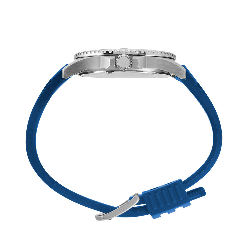 Maxum Prince silver-tone casing watch with a blue dial and blue silicone strap, featuring a red and blue bezel and a date display. Side view