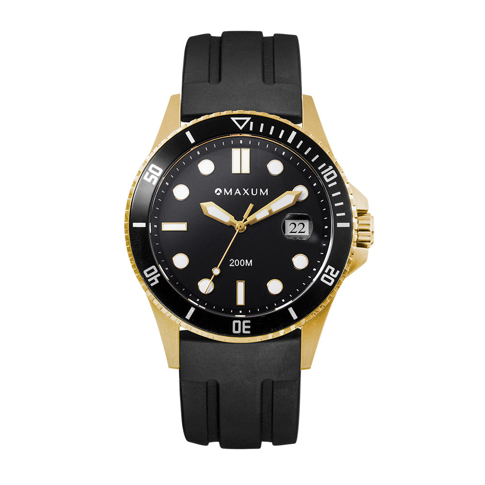 Prince Analogue Date Watch – Gold Case, Black Dial & Black Silicone Strap
