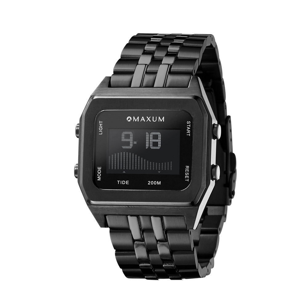 Raglan Digital Square Unisex Tide Watch – Black Case, Black Dial & Black Bracelet
