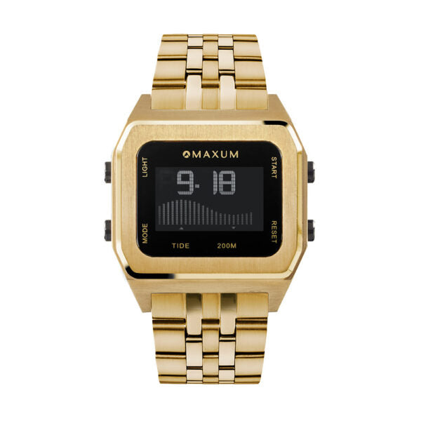 Raglan Digital Square Dial Tide Watch– Gold Case, Black Dial & Gold Bracelet