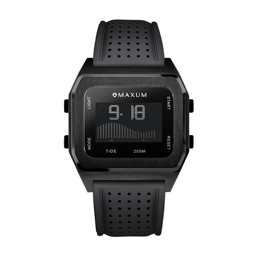 Raglan Digital Square Unisex Tide Watch – Black Case, Black Dial & Black Silicone Strap