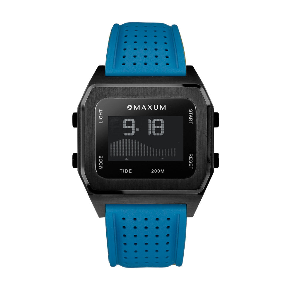 Raglan Digital Square Unisex Tide Watch – Black Case, Black Dial & Blue Silicone Strap