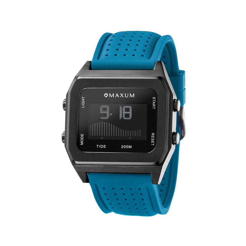 Raglan Digital Square Unisex Tide Watch – Black Case, Black Dial & Blue Silicone Strap
