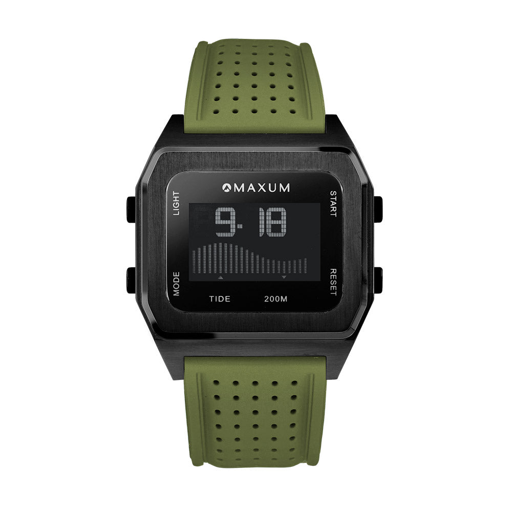 Raglan Digital Square Unisex Tide Watch – Black Case, Black Dial & Green Silicone Strap