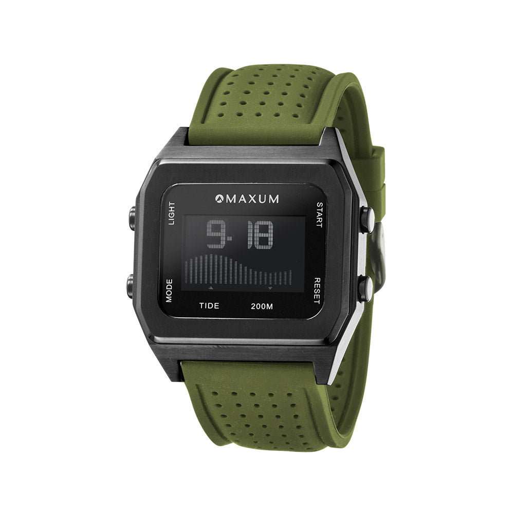 Raglan Digital Square Unisex Tide Watch – Black Case, Black Dial & Green Silicone Strap